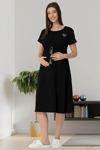 Mecit Pijama Γυναικείο μαύρο φόρεμα εγκυμοσύνης με δυνατότητα θηλασμού 95% βαμβάκι, 5% Lycra