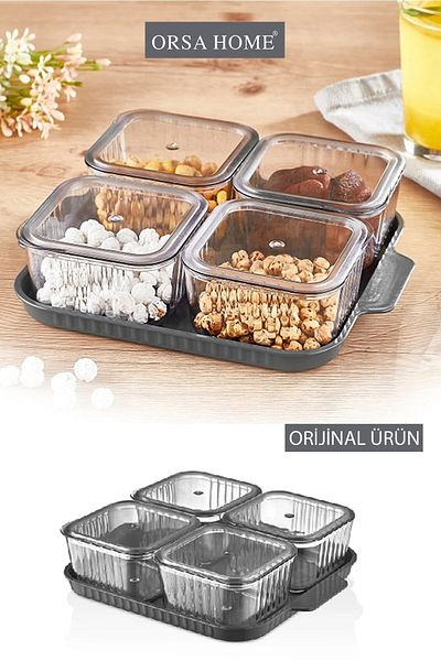 ORSA HOME 4 Compartment Covered Tray Striped Pattern Luxury Breakfast Modern Presentation Set and Storage Container