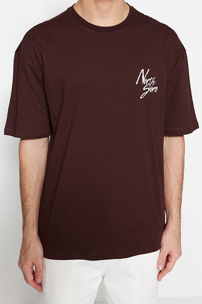 Trendyol Collection Καφέ Oversize εμπριμέ βαμβακερό μπλουζάκι - TMNSS20TS1099