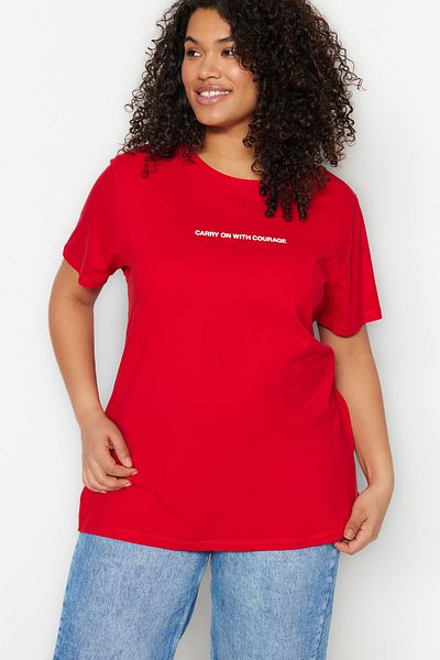 Trendyol Curve Red Crew Neck 100% Cotton Plus Size T-Shirt - Slogan Print Tbbss23Bf00022