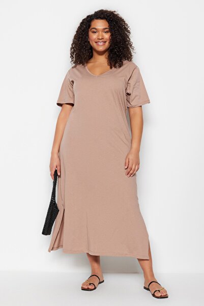 Trendyol Curve Plus Size Dress - Brown - Jersey dress