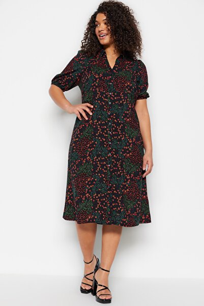 Trendyol Curve Μαύρο λουλουδάτο μοτίβο υφασμένο πουκάμισο φόρεμα TBBSS23AH00039