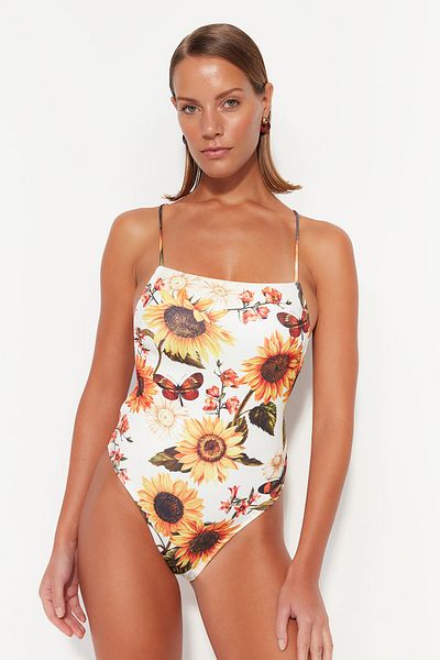 Trendyol Collection Květinové vzorované čtvercový límec plavky s vysokými nohama TBESS23MA00311