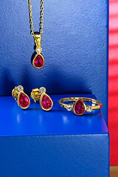 Gümüş Çadırım Damla Kesim Kırmızı Taşlı Altın Kaplama 925 Ayar Gümüş Kolye Kü...