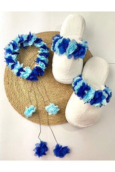 irembaby Anne Lohusa Seti Lacivert Mavi Sarkan Küpeli Çiçekli Lohusa Tacı Ve Terlik Lohusa Takımı