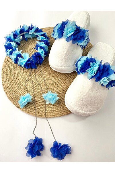 irembaby Anne Lohusa Seti Lacivert Mavi Sarkan Küpeli Çiçekli Lohusa Tacı Ve Terlik Lohusa Takımı