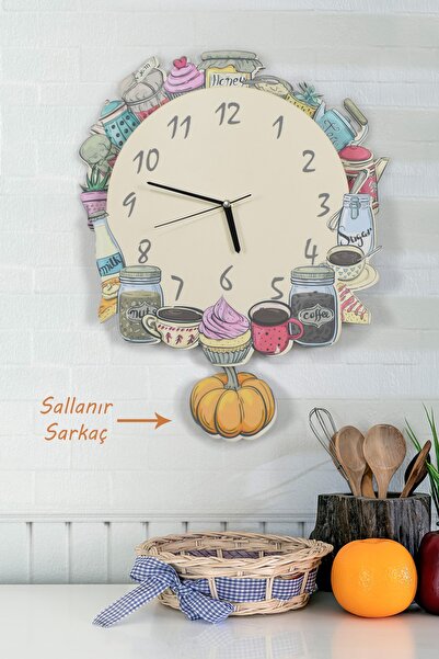 Genel Markalar 3 Boyutlu Mutfak Gereçleri Temalı Sarkaçlı Ahşap Mutfak Duvar Saati