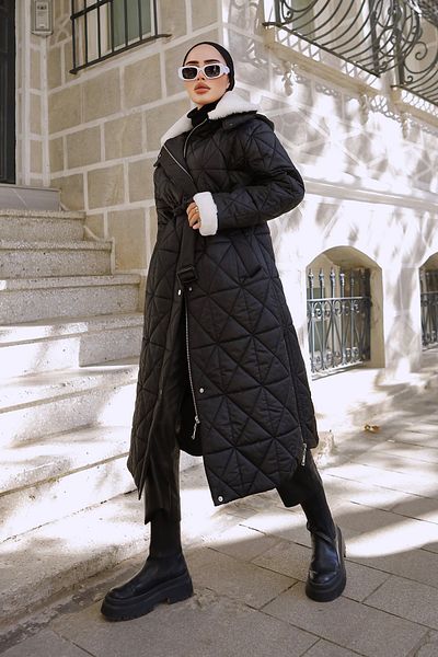 Minel Women's Black Fur Detailed Belted Puffer Coat