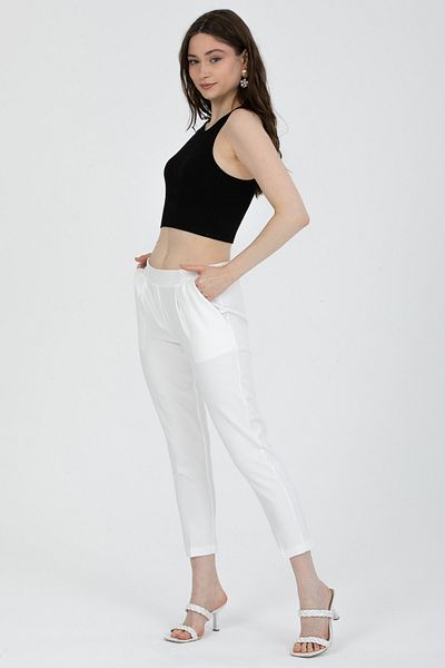 MD trend Women's Ecru Elastic Waist Double Pocket Carrot Cut Fabric Trousers