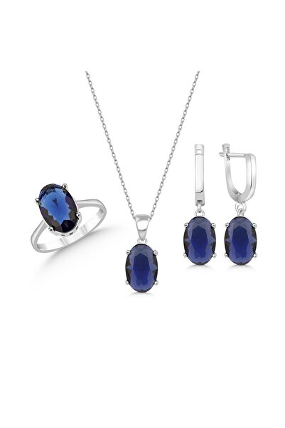 MODERN TAKI Safir Zirkon Gümüş Takı Seti Lacivert Taşlı