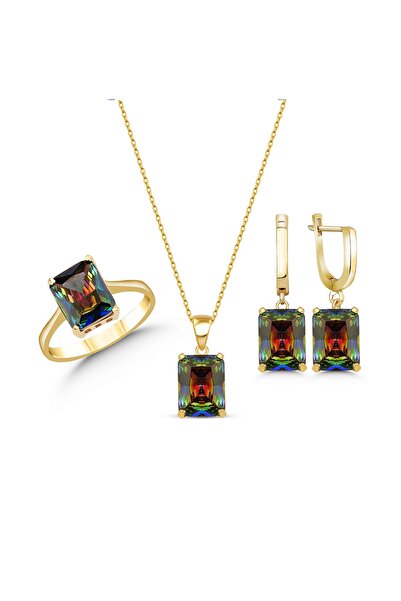 MODERN TAKI Mistik Topaz Modern Tasarım Gümüş Takı Seti Gold