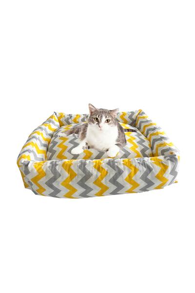 Yıkanabilir Kedi Ve Köpek Yatağı Kedi Yatak 60x45x17 Cm-sarı Gri Zikzak