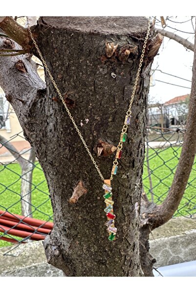 Gift of Jewelry Renkli Taşlı Model Gold Paslanmaz Çelik Kolye