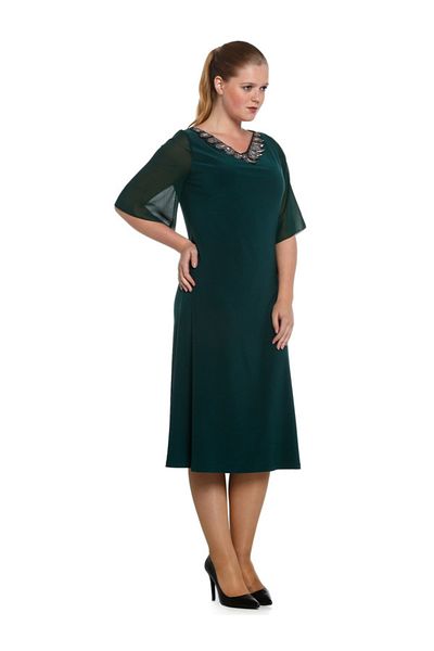 Nidya Moda Plus Size Green Chiffon Sleeve Jewelled Evening Dress-4053y