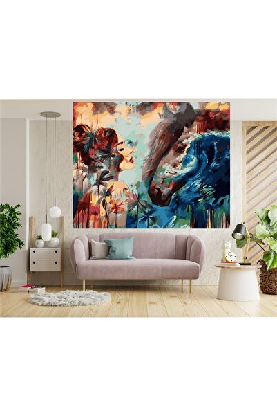HDART Dekoratif Kadın Ve At Yağlı Boya Görünümlü Fırça Darbeli Kanvas Tablo T...