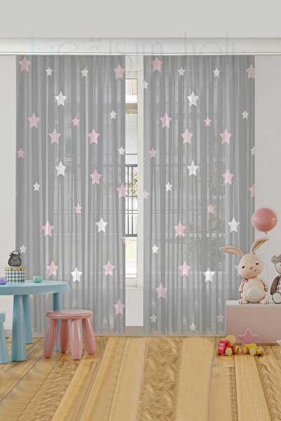 HOMESSA Gri Pembe Yıldız Çocuk Odası Tül Perde