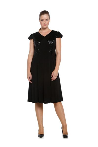 Nidya Moda Women's Black Sleeve Cup Sequined Sequin Evening Dress 4061S