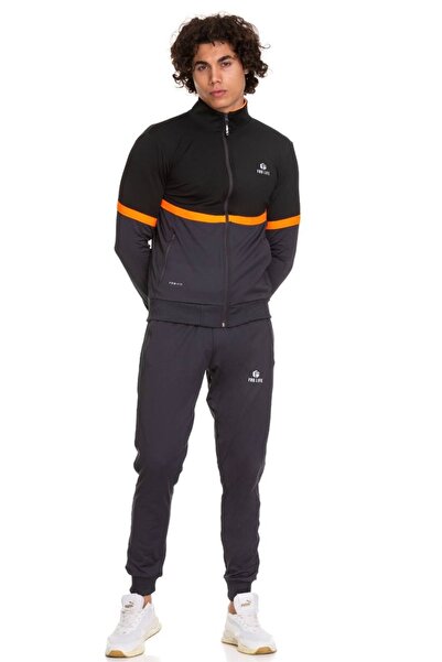 FEROBİ Erkek Fermuarlı Likralı Diz Yapmayan Dalgıç Siyah Füme Eşofman Takımı