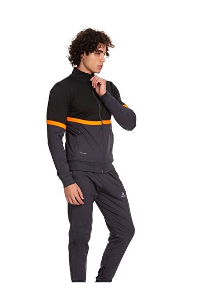 FEROBİ Erkek Fermuarlı Likralı Diz Yapmayan Dalgıç Siyah Füme Eşofman Takımı