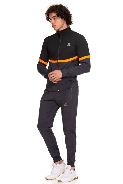 FEROBİ Erkek Fermuarlı Likralı Diz Yapmayan Dalgıç Siyah Füme Eşofman Takımı