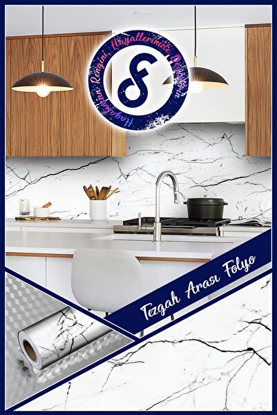 Dekor Folyo Mutfak Tezgah Arası Siyah Beyaz Çizgili Mermer Desen Fayans Folyo...