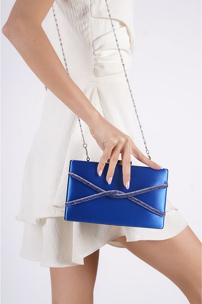 Moda Değirmeni Geantă de seară cu piatră încrucișată pentru femei din satin albastru Bg1123-310-0002