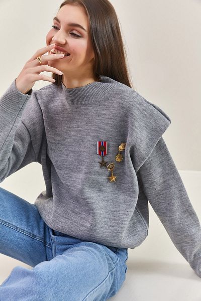 Bianco Lucci Damen-Pullover mit Brosche und Schulterdetails