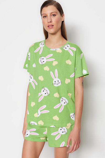 Trendyol Collection Green RabbiT mintás 100% pamut szív pizsama szett - póló és rövidnadrág THMSS23PT00005