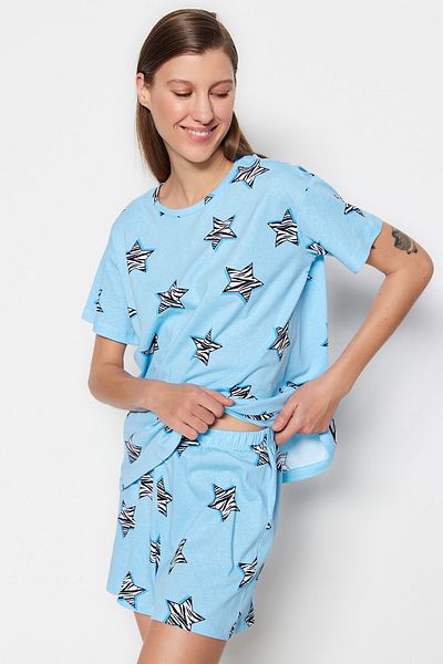 Trendyol Collection Csillagmintás 100% PAMUT Kék póló és rövidnadrág pizsama készlet - THMSS23PT00005
