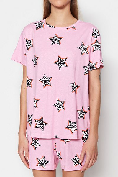 Trendyol Collection STar PaTTerned Pink CoTTon Pajamas SeT - T-shirt and Shorts THMSS23PT00005