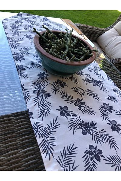 NT Handmade Navy Blue Floral White 150x48 Cm Tablecloth - Tablecloth for Kitchen Concept Picnic Camping