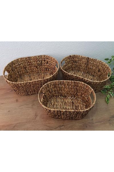 EVİMTATLIEVİM Triple Metal Skeleton Wicker Saddle Basket Set