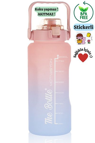 Comprox Motivational Water Bottle with Straw and Sticker Water Bottle 2000ml (2lt) Bpa Free Sports Gym