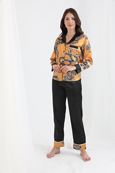 Miss Dünya Lissa مجوهرات بيجامة نسائية من الساتان بياقة قميص على شكل ثعبان ذهبي