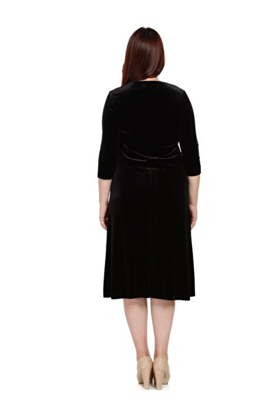 Nidya Moda Büyük Beden Siyah Inci Işli Kadife Abiye Elbise-4072s