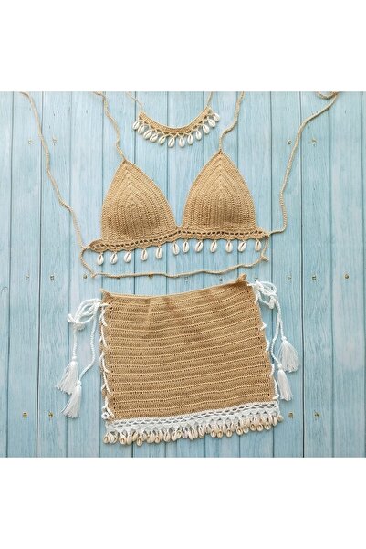 Major Butik Tığ Örme Deniz Kabuklu Pareo Etekli Bikini Takım