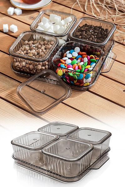 ORSA HOME 4 Compartment Covered Tray Striped Pattern Luxury Breakfast Modern Presentation Set and Storage Container