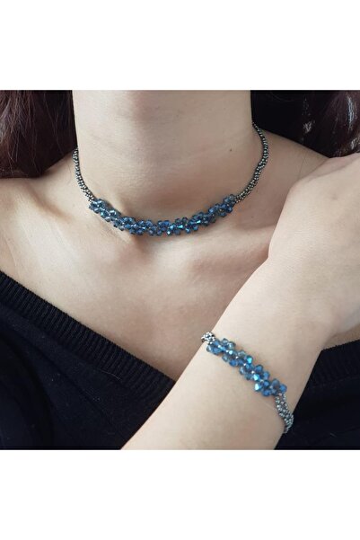 Handmade By HLY Handmade Crystal Stone Detailed Metallic Blue Choker Necklace