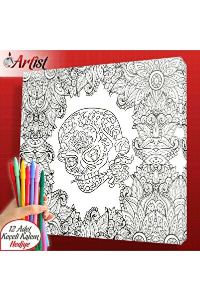 Asilmeydan Yetişkinler Için Kanvas Kurukafa Çiçek Motifli Mandala Boyama Tabl...