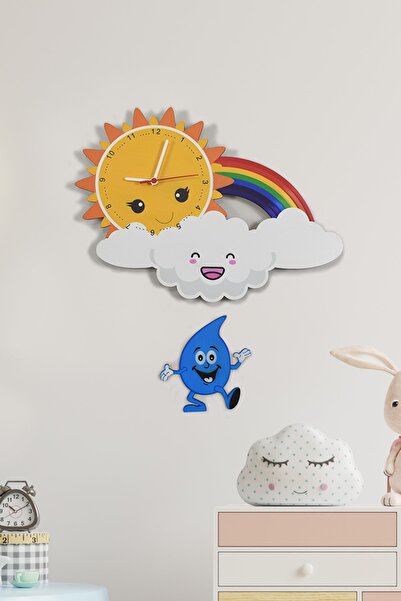 elfidadesign Sevimli Bulut, Güneş Ve Gökkuşağı Çocuk Odası Ahşap Duvar Saati ...