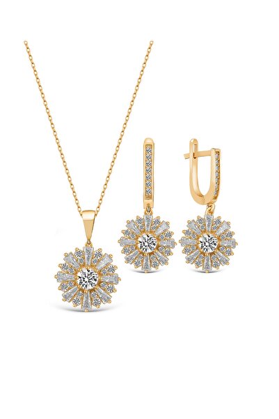 MODERN TAKI Tek Taş Kolye Ve Küpe Gümüş Set