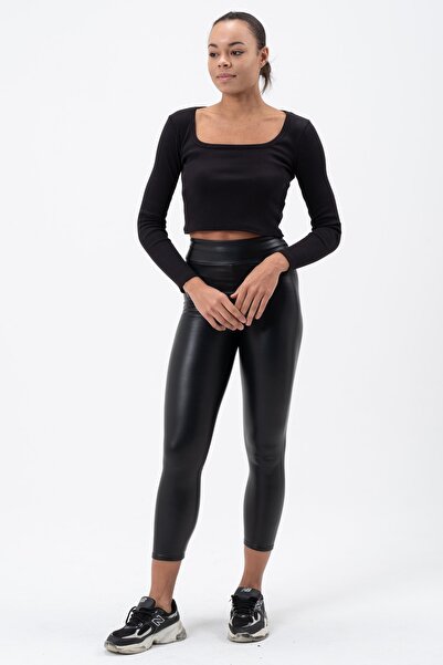 PUNKY CAT Women's Black Long Sleeve Square Neck Corded Blouse