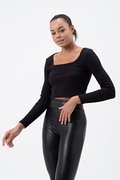 PUNKY CAT Women's Black Long Sleeve Square Neck Corded Blouse