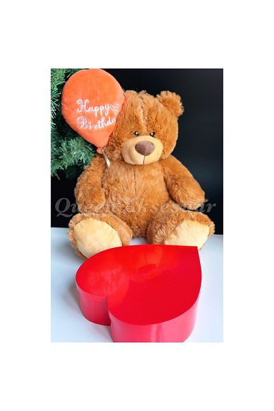 QUEEN AKSESUAR Happy Birthday Cute Giant Plush Toy Teddy Bear with Written Balloons Bright Red Heart Box Bear Set