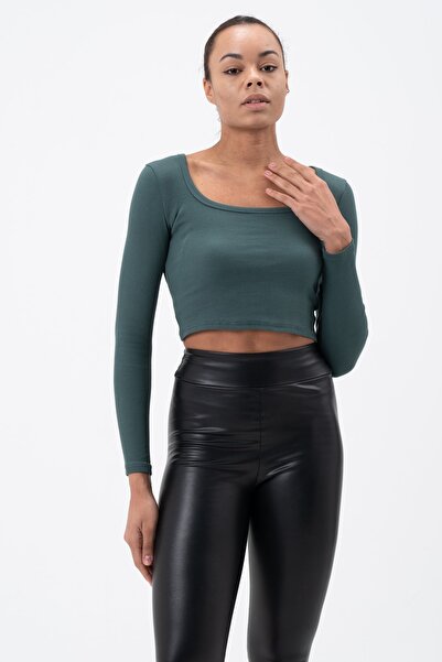 PUNKY CAT Women's Petrol Green Long Sleeve Square Neck Corded Blouse
