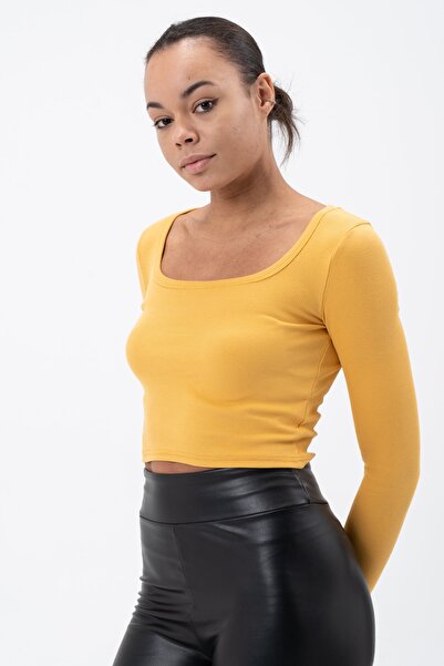 PUNKY CAT Women's Yellow Long Sleeve Square Neck Corded Blouse