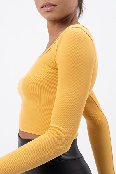 PUNKY CAT Women's Yellow Long Sleeve Square Neck Corded Blouse