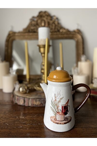 Handmadesign Kapaklı El Yapımı Seramik Sürahi - Kış Çayı Temalı Tarçınlı Koza...