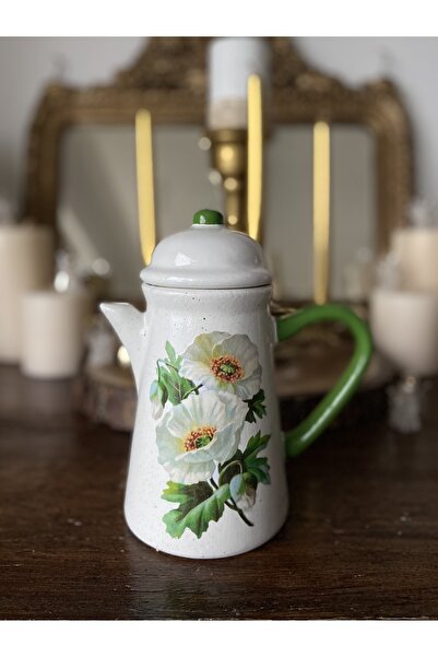 Handmadesign Kapaklı El Yapımı Seramik Sürahi - Beyaz Bahar Çiçekli