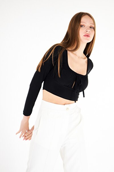 AS Anita Store Long Sleeve Crop Blouse with Tie Detail on the Front